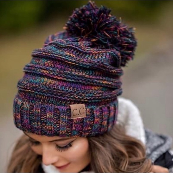 1 LEFT! Women's Oversized Slouchy Multi Color Pom Pom Beanie Winter Hat - Picture 3 of 5